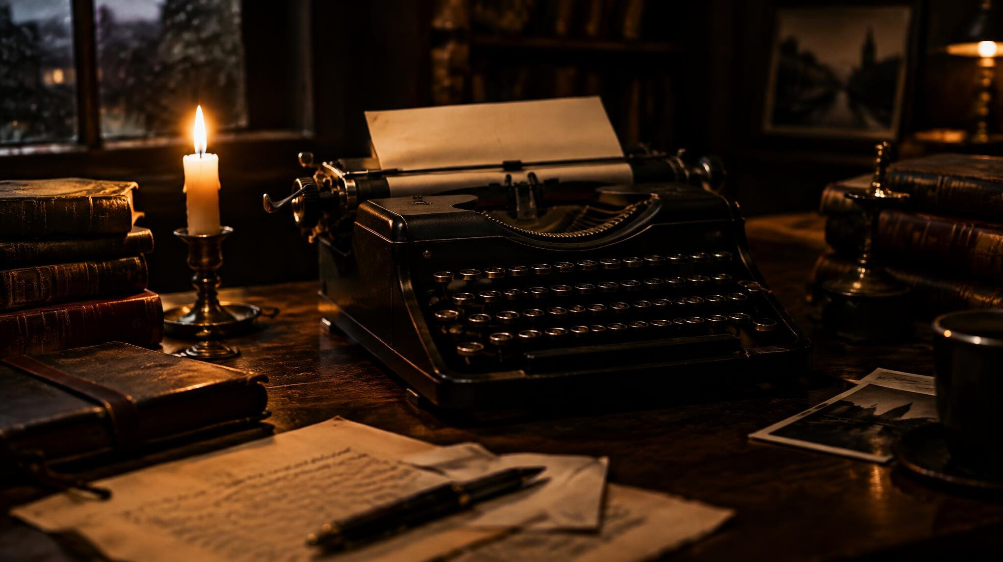 Old typewriter on a wooden desk with books and a candle in a dim room