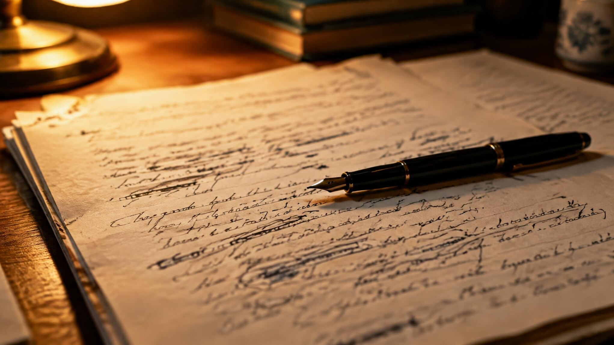 Close-up of handwritten notes and a manuscript with a pen