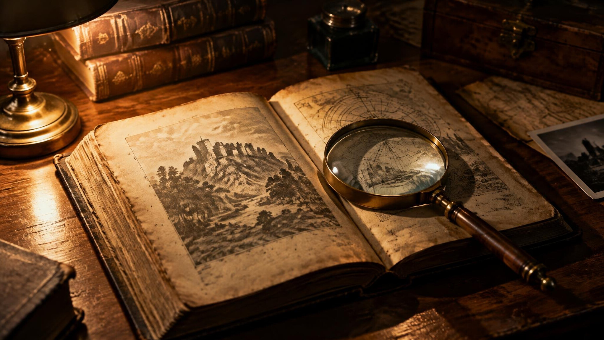 Open old book with a magnifying glass resting on the pages