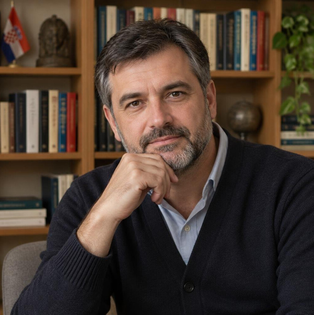 Studio portrait of a thoughtful middle-aged man with a beard in a cardigan