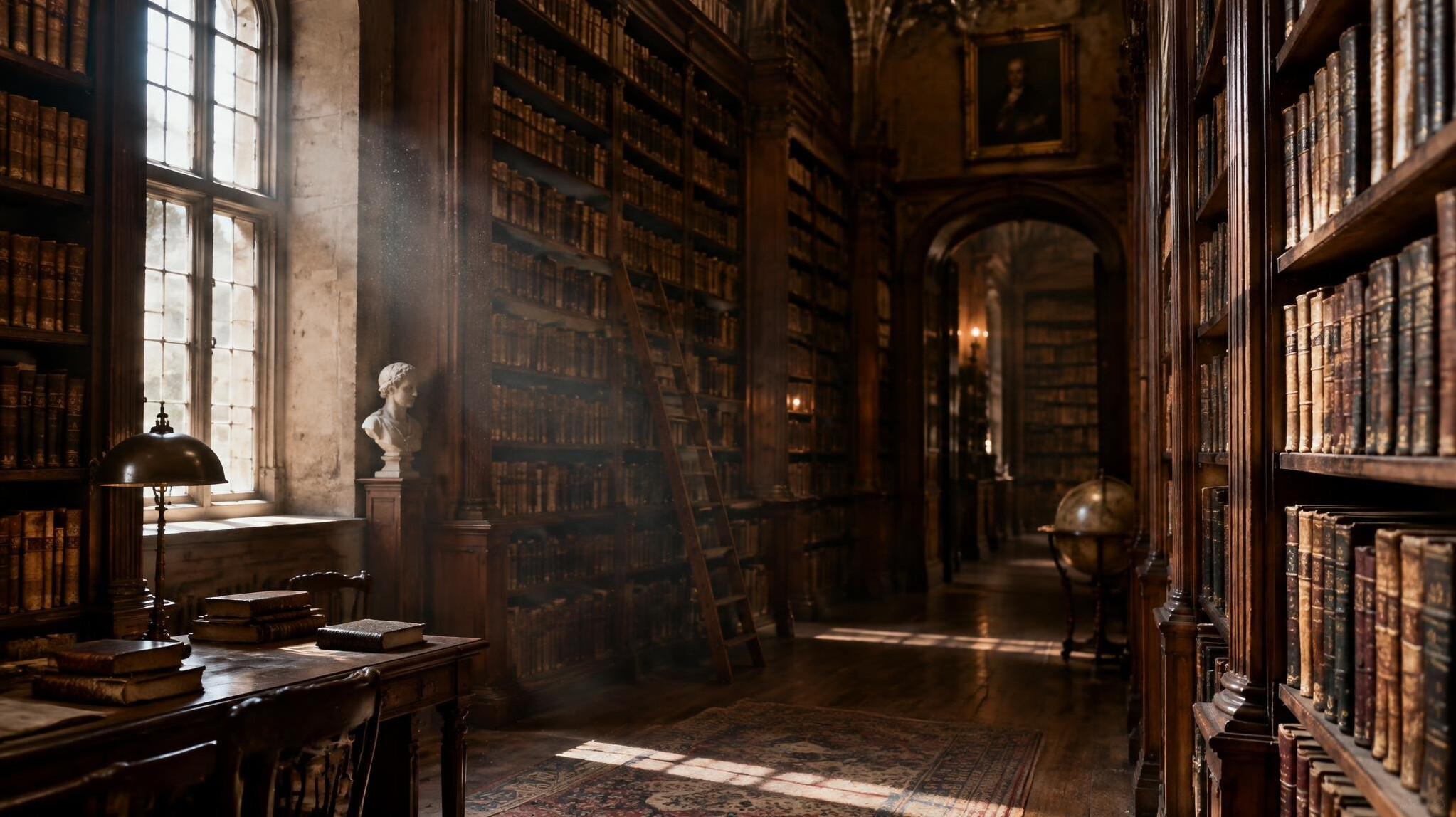 Interior of an old library with tall shelves full of books