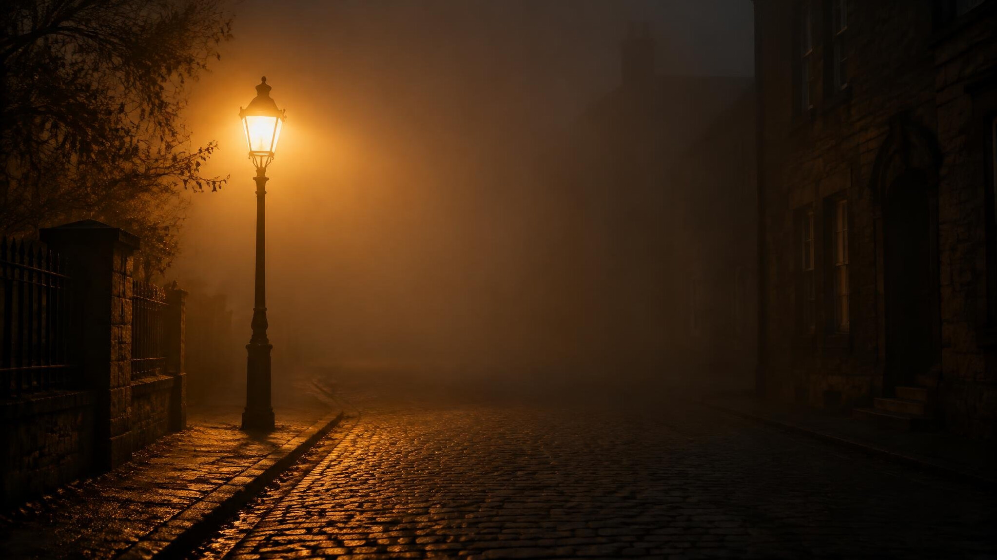 Street lamp glowing in foggy night air