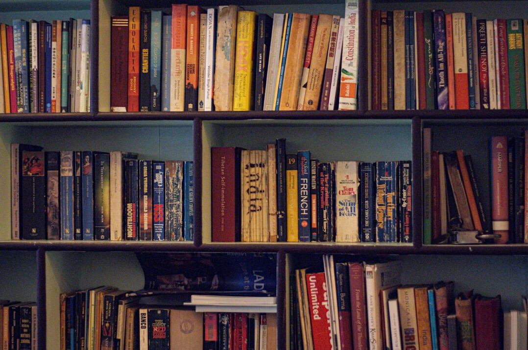 bookshelf with mystery novels