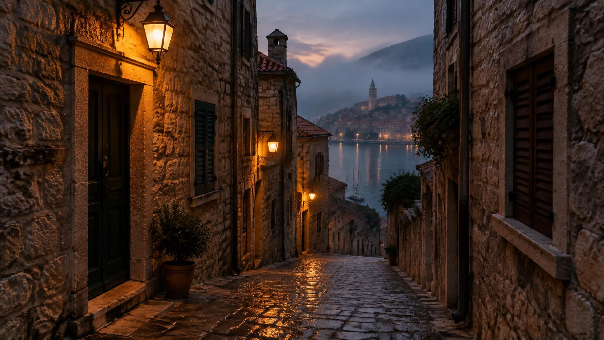 Narrow stone street in an old Adriatic coastal town at dusk